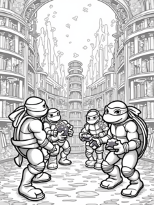 Turtles exploring a magical library