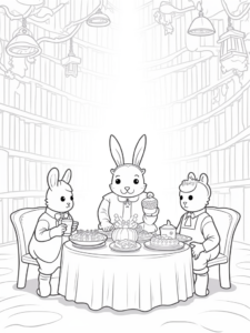 A coloring page of Thanksgiving in the magical library