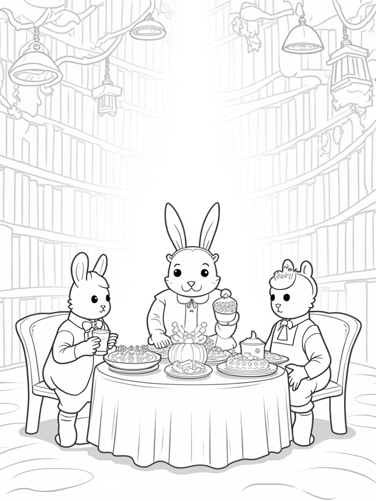 Thanksgiving in the magical library coloring pages
