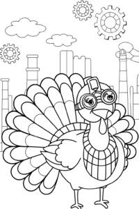 A coloring page of Turkey exploring a steampunk city