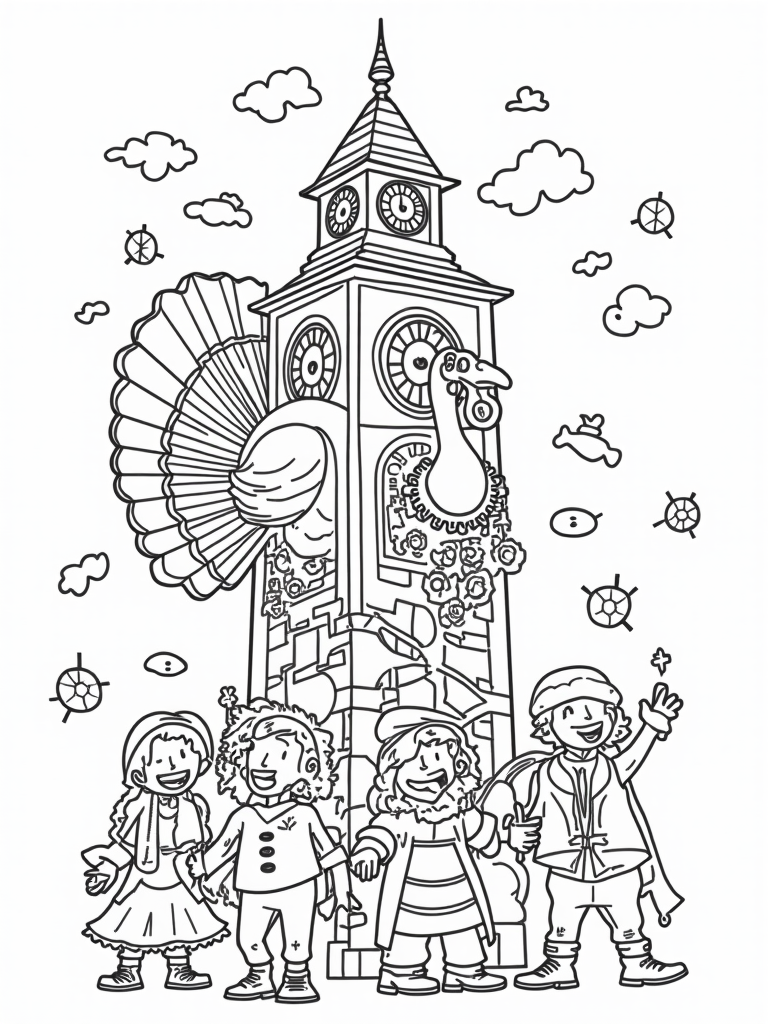 Turkey in the enchanted clock tower coloring pages