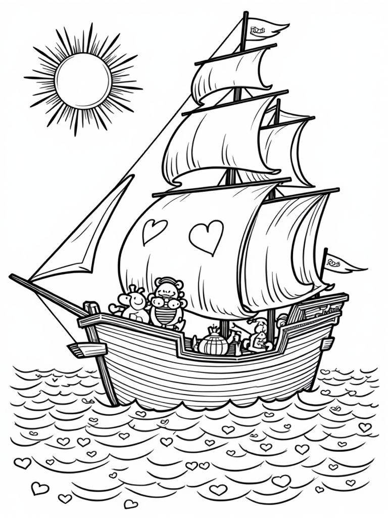 Pirate ship sailing with hearts coloring pages