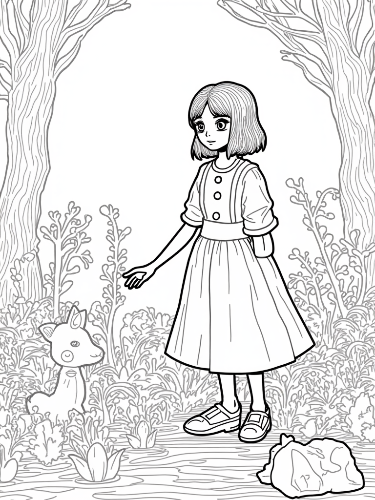 Wednesday Addams in a shadow garden coloring pages