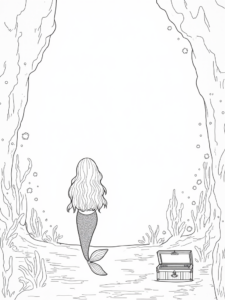 A coloring page of Little mermaid exploring underwater cave