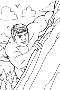 A coloring page of Hulk climbing a mountain