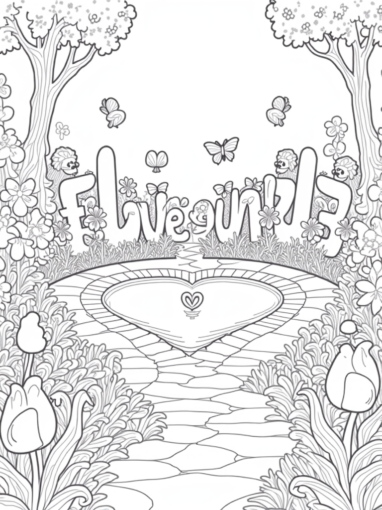 Whimsical garden of love letters coloring pages
