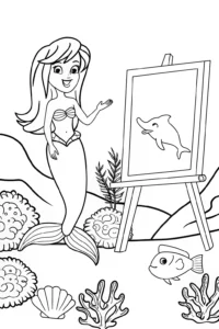 A coloring page of Little mermaid art gallery scene