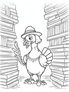 A coloring page of Turkey exploring a magical library