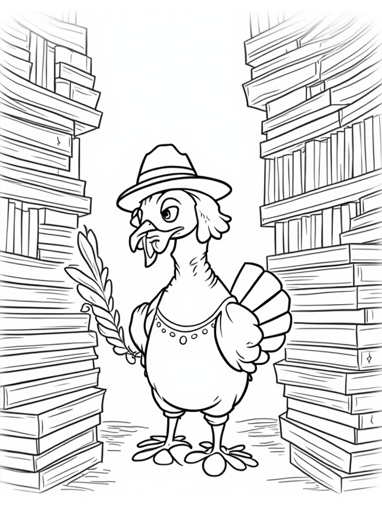 Turkey exploring a magical library coloring pages