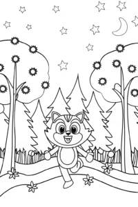 A coloring page of Raccoon running in a forest