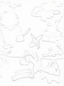 A coloring page of Unicorns painting the sky