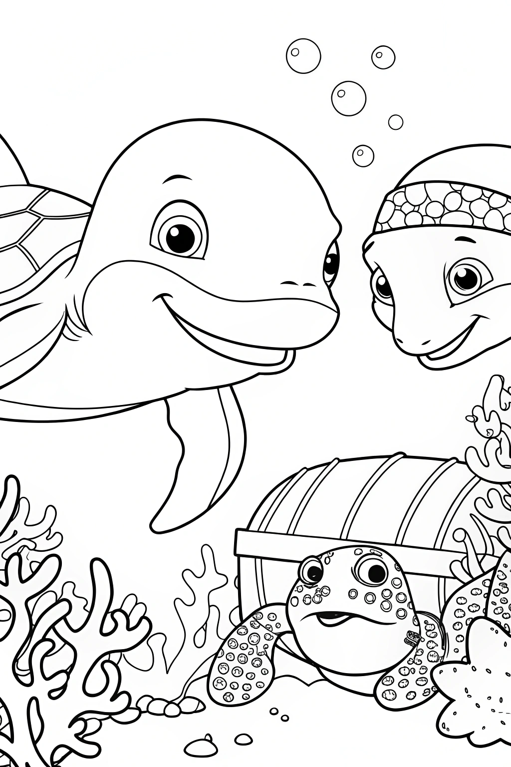 Turtles exploring underwater treasure