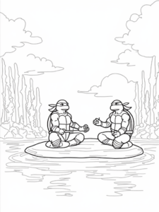 A coloring page of TMNT practicing mindfulness