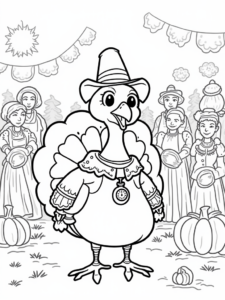A coloring page of Turkey time traveler at the festival