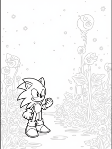 A coloring page of Super Sonic in a musical garden
