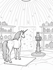 A coloring page of Unicorn crafting a celestial map