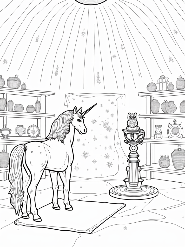 Unicorn crafting a celestial map coloring pages