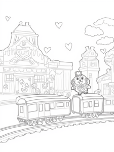 A coloring page of Heart-shaped train station