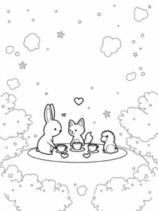 A coloring page of Tea party with rabbit and fox