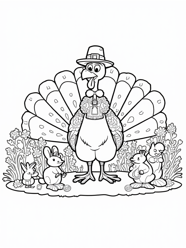 Turkey in a whimsical garden coloring pages