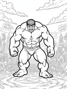 A coloring page of Hulk in comic book adventure