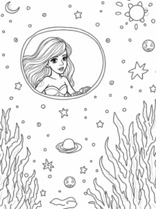 A coloring page of Little mermaid in a starship