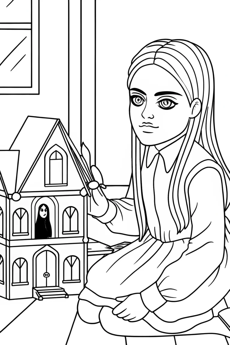 Wednesday Addams crafting a dollhouse coloring pages