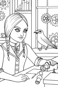 A coloring page of Wednesday Addams examining a raven