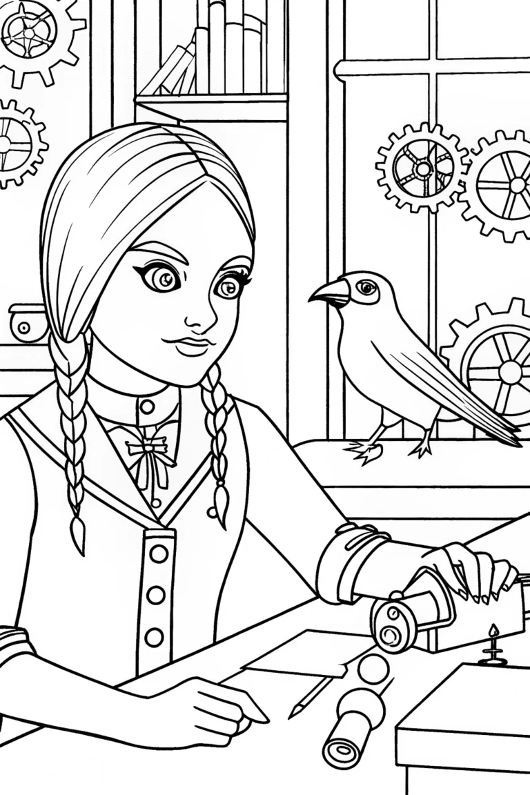 Wednesday Addams examining a raven coloring pages