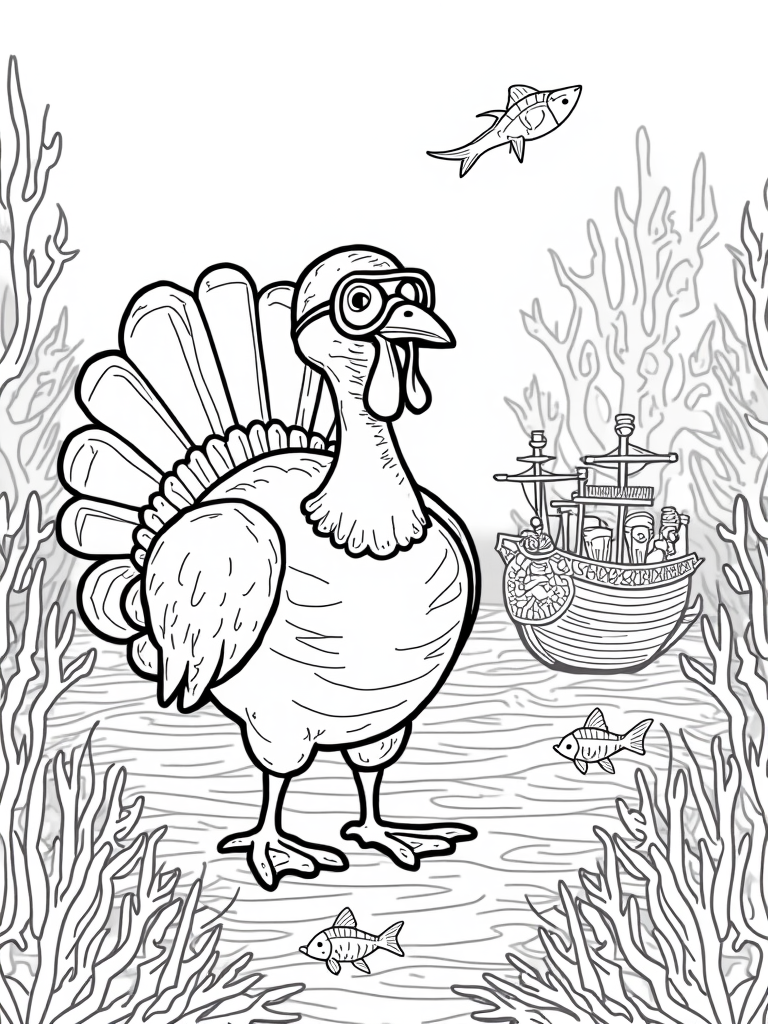 Turkey exploring a sunken ship coloring pages
