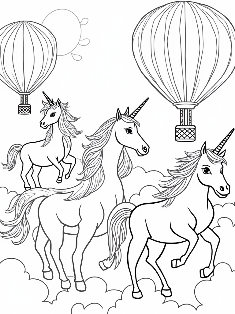 Unicorns in a balloon festival coloring pages