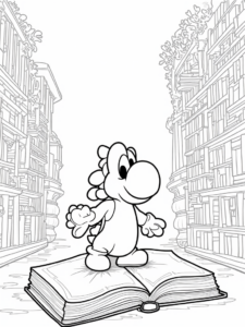 A coloring page of Yoshi’s library adventure
