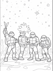 A coloring page of TMNT cosmic garden explorers