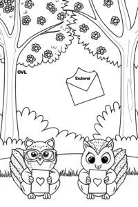 A coloring page of Owl and squirrel love letter exchange