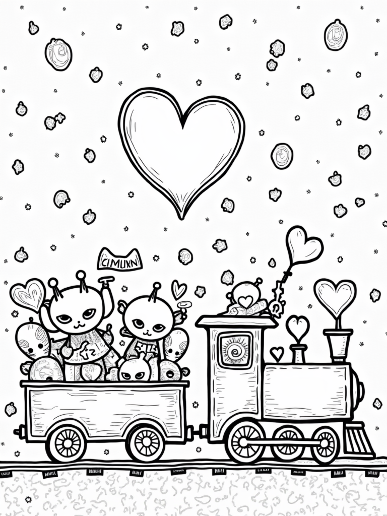 Heart-shaped train in space coloring pages