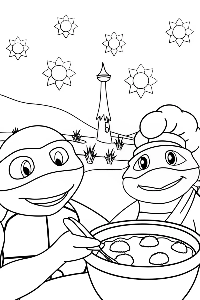 Leonardo cooking with a mushroom chef coloring pages