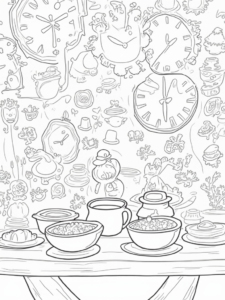A coloring page of Thanksgiving in the timekeeper’s workshop