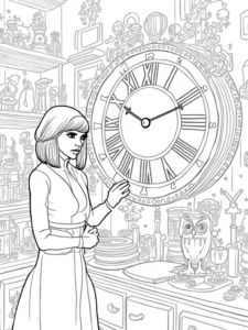 A coloring page of Wednesday Addams in a clock workshop