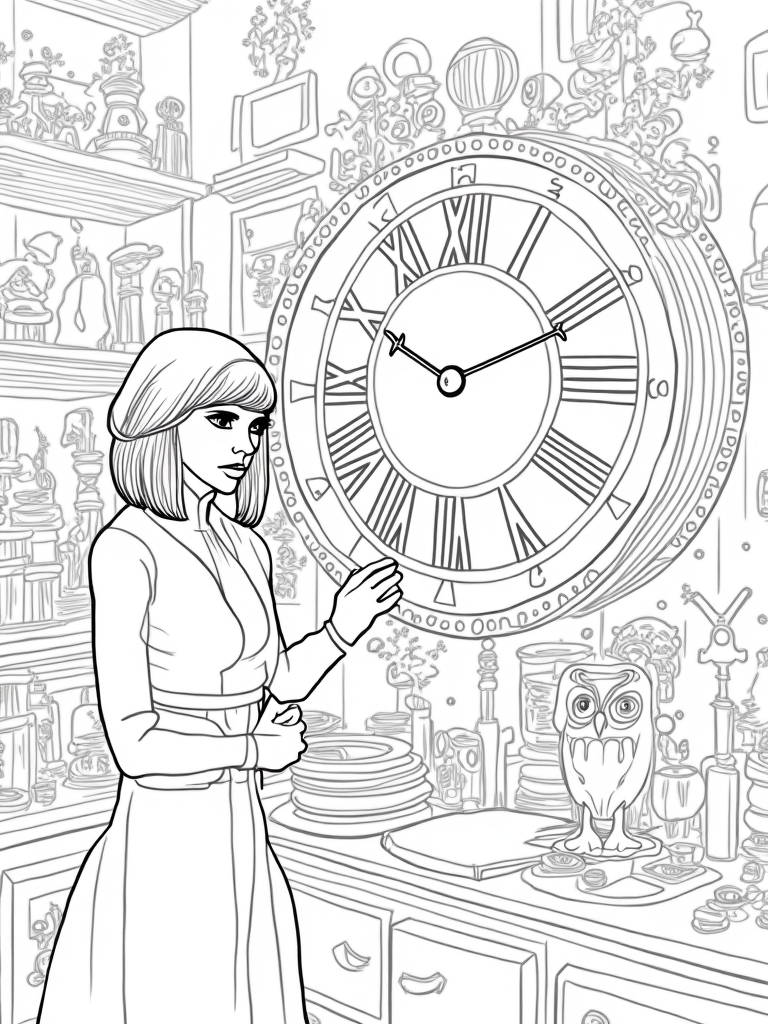 Wednesday Addams in a clock workshop coloring pages