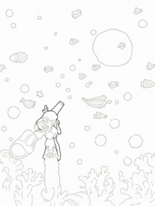 A coloring page of Mermaid astronomer charting stars