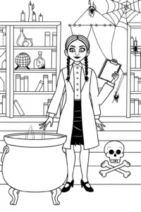 A coloring page of Wednesday Addams in a science lab