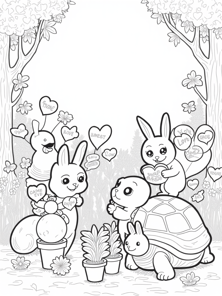 Animals celebrating love in the garden coloring pages