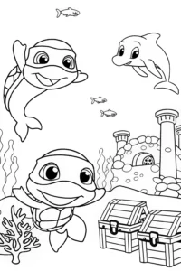 A coloring page of TMNT underwater exploration scene