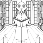 Wednesday Addams in a spooky library