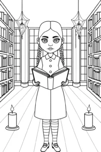 A coloring page of Wednesday Addams in a spooky library