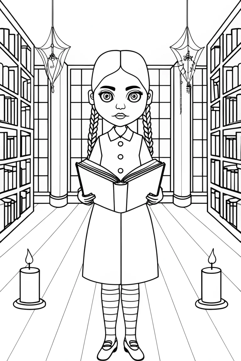 Wednesday Addams in a spooky library coloring pages