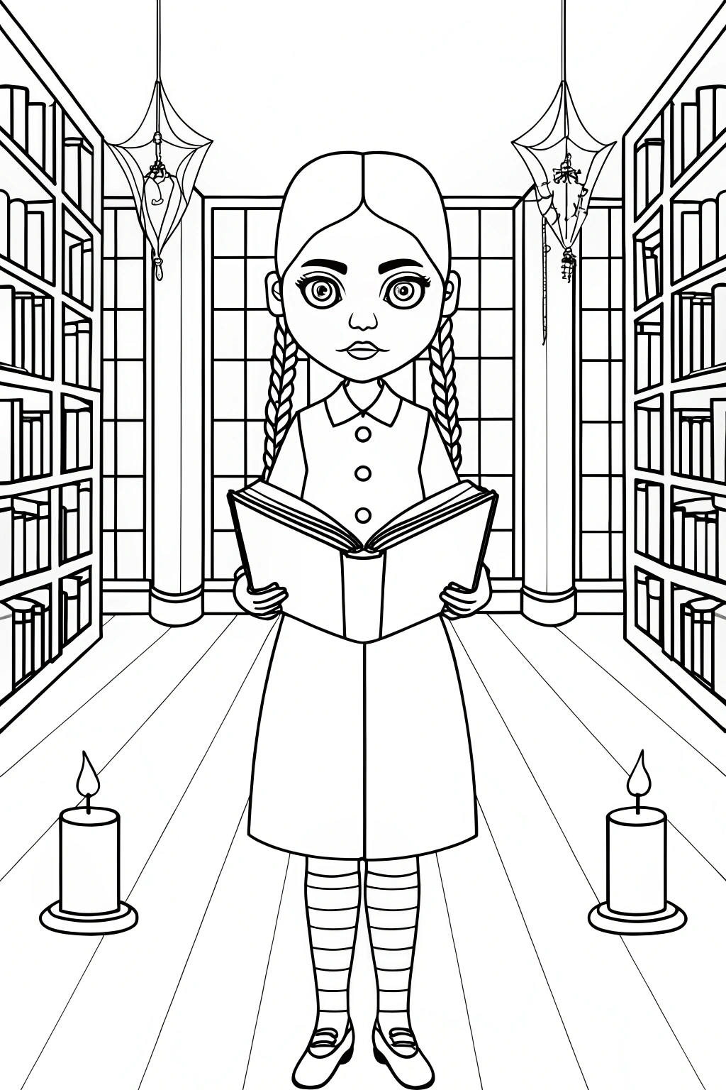 Wednesday Addams in a spooky library