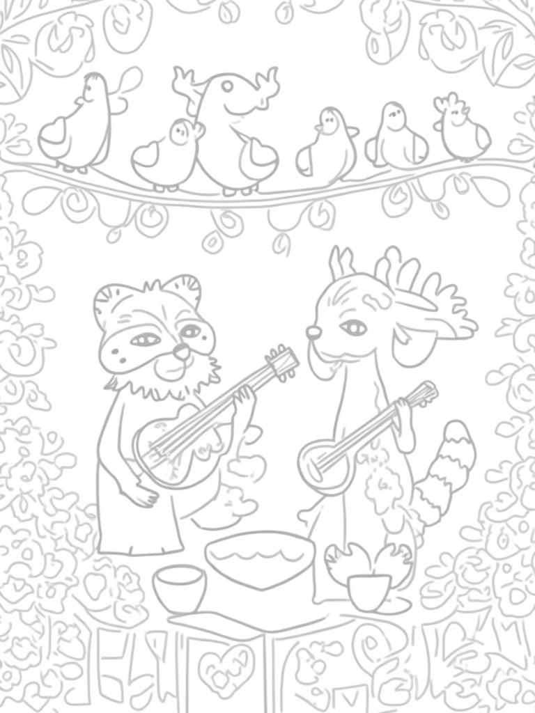 Raccoon and deer at a festival coloring pages