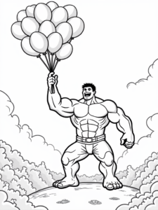 A coloring page of Hulk floating with balloons