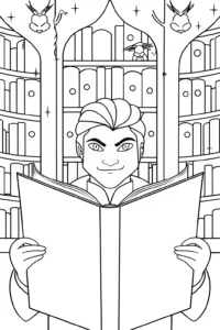 A coloring page of Venom in a magical library